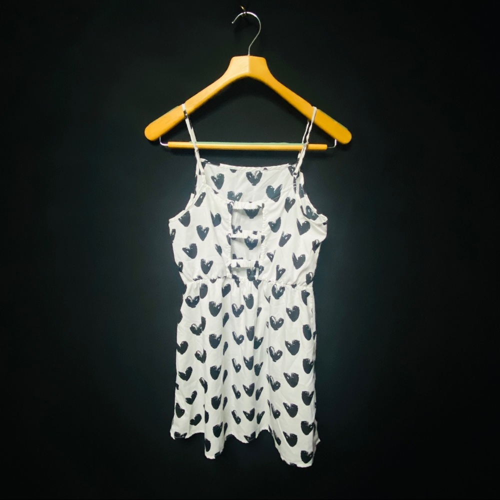 Girls White Dress with Black Hearts, Size Medium, Spaghetti Strap